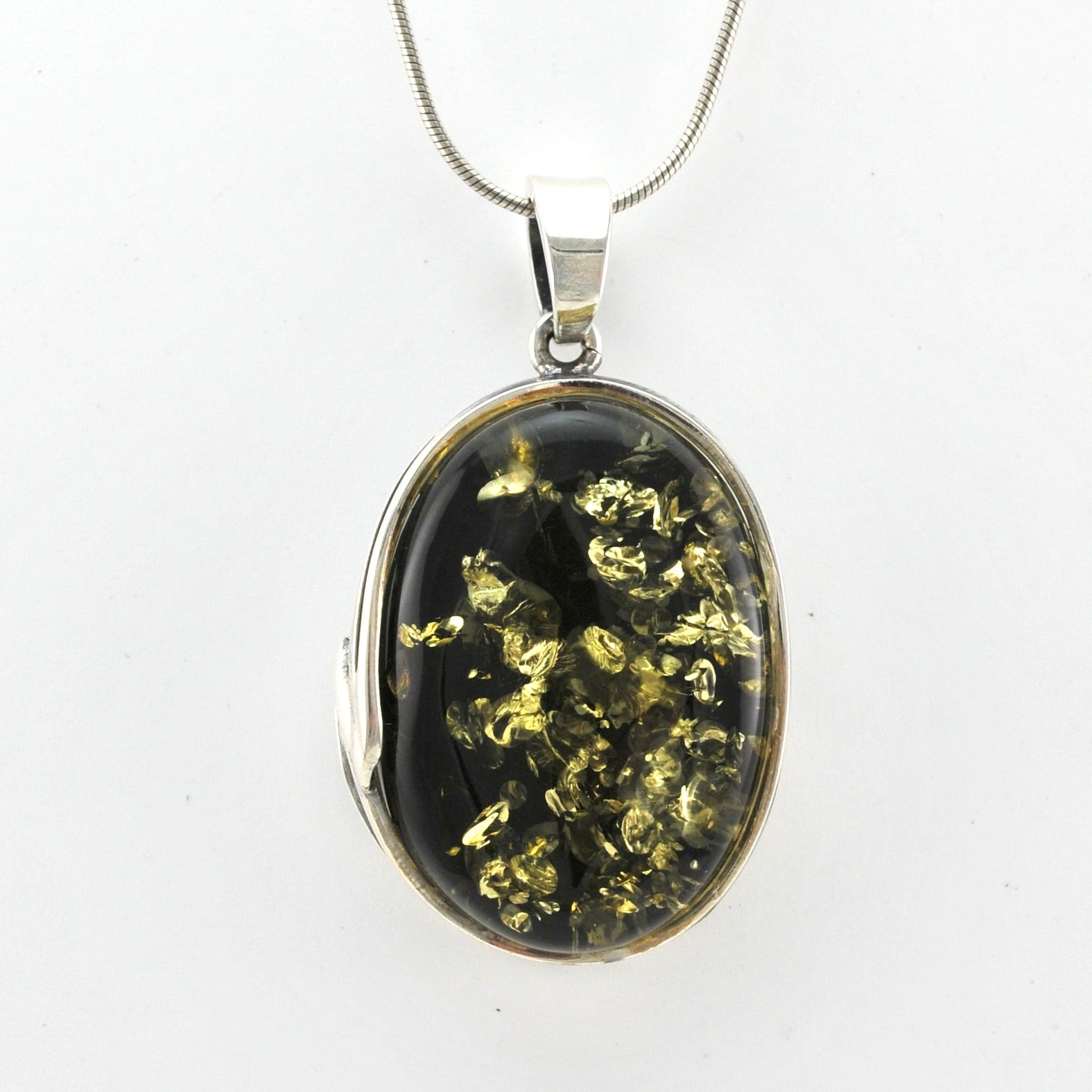 Front View Silver Green Amber Oval Pendant