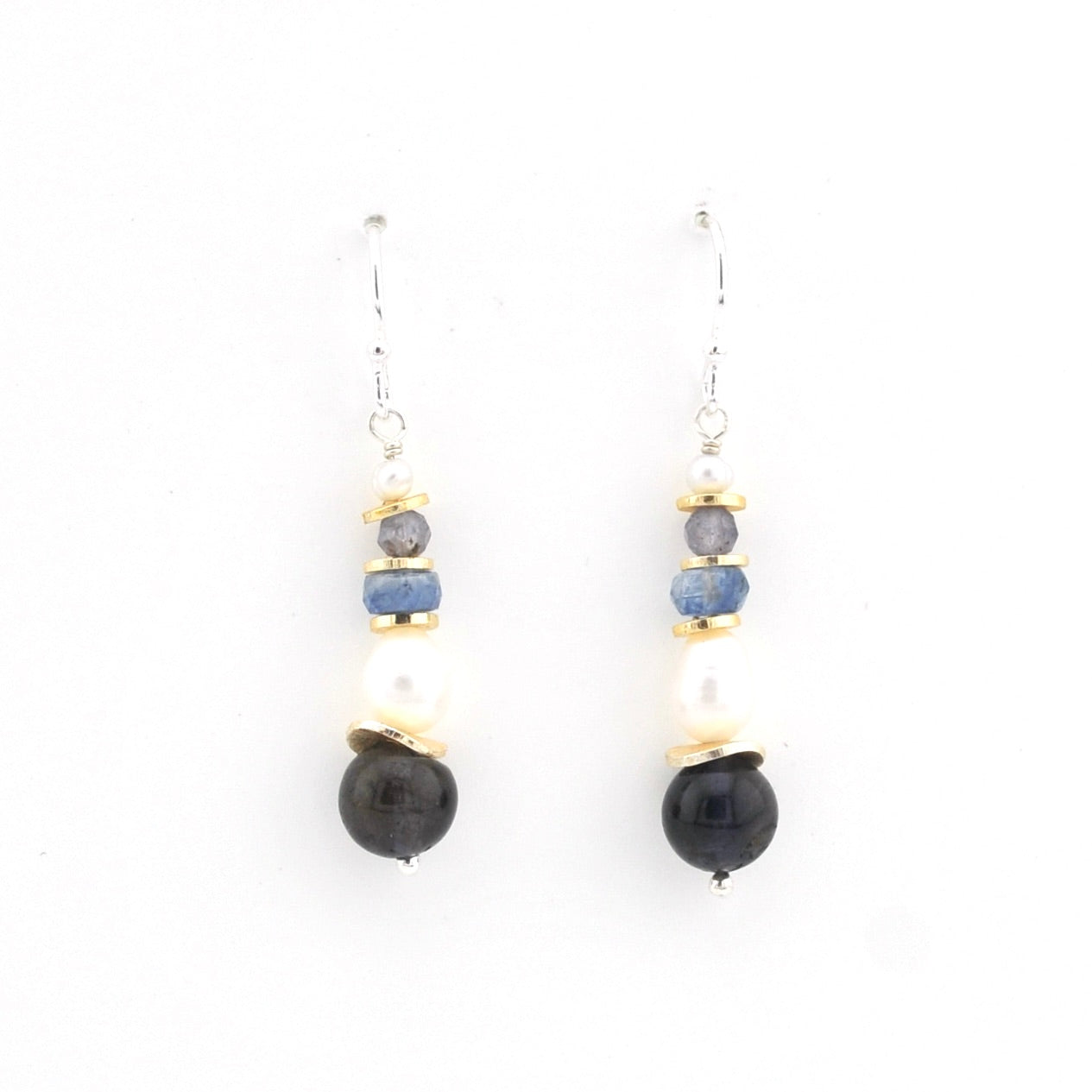 Front View Silver Iolite Kyanite Pearl Dangle Earrings