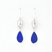 Silver Keshi Pearl Blue Sea Glass Dangle Earrings on white background