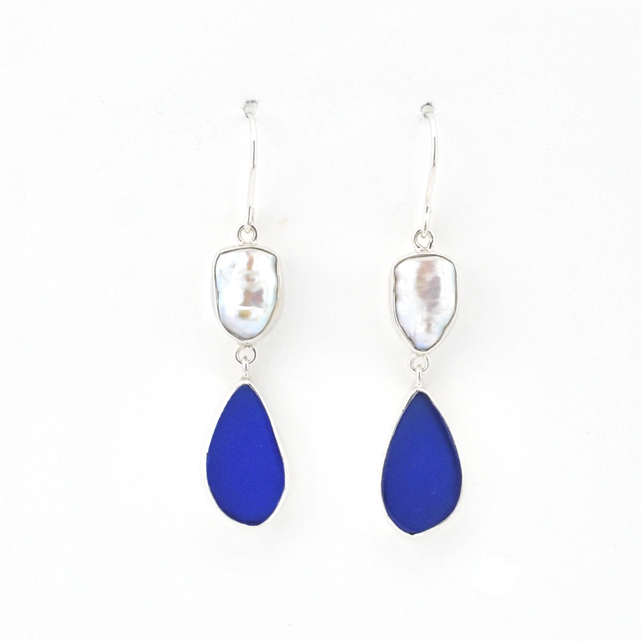 Silver Keshi Pearl Blue Sea Glass Dangle Earrings on white background