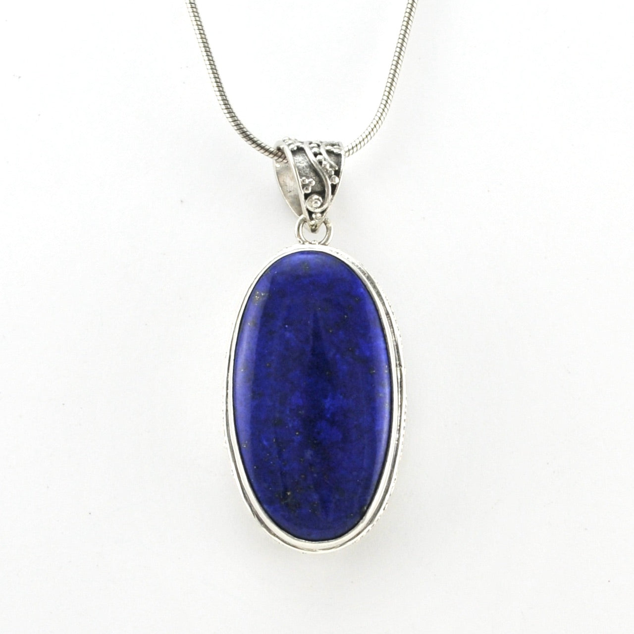 Front View Silver Lapis 16x28mm Oval Bali Pendant