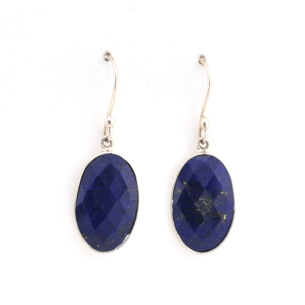 Pair of blue lapis oval earrings on a white background