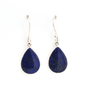 Pair of blue teardrop earrings on a white background