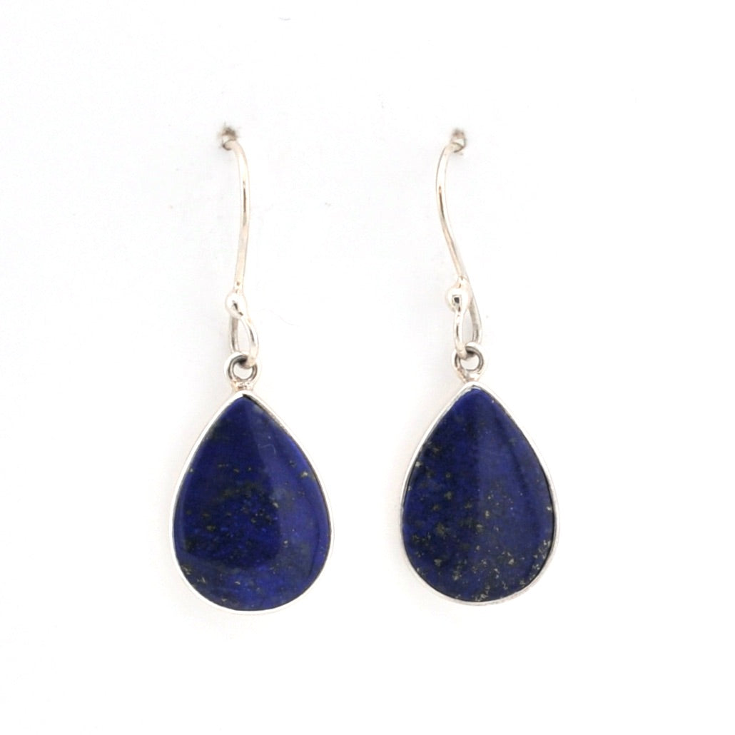 Pair of blue teardrop earrings on a white background