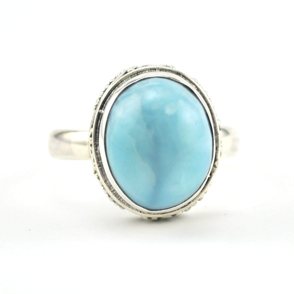 Front View Silver Larimar 10x12mm Oval Bali Ring