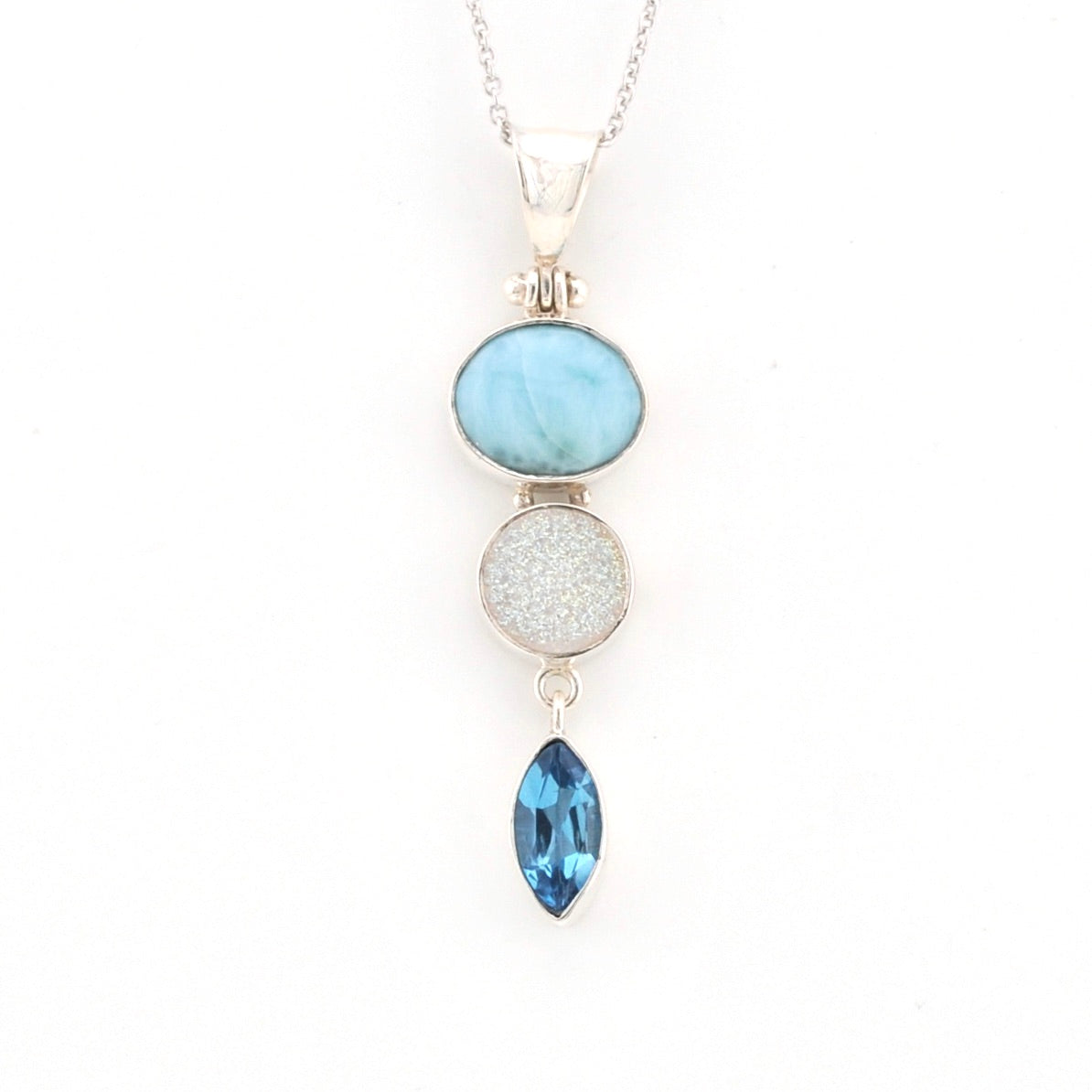 Front View Silver Larimar Druzy Agate Topaz Necklace