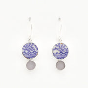Silver Lavender Vintage Porcelain Sea Glass Dangle Earrings on white background
