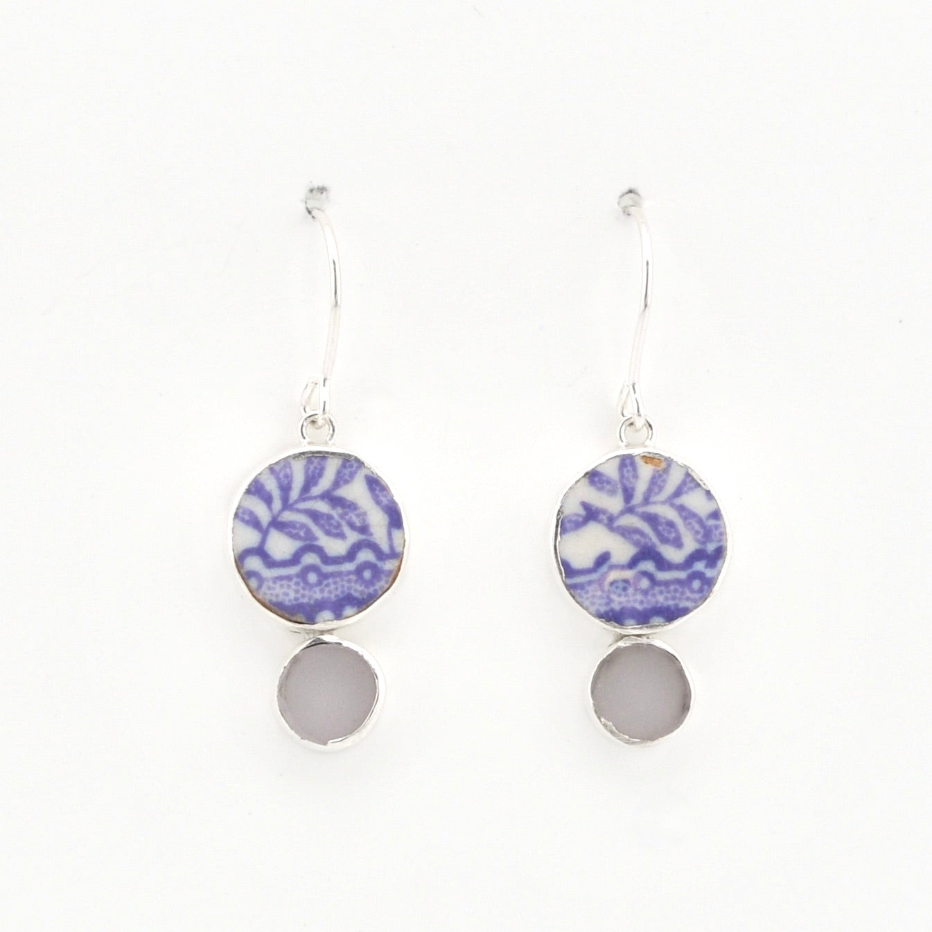 Silver Lavender Vintage Porcelain Sea Glass Dangle Earrings on white background