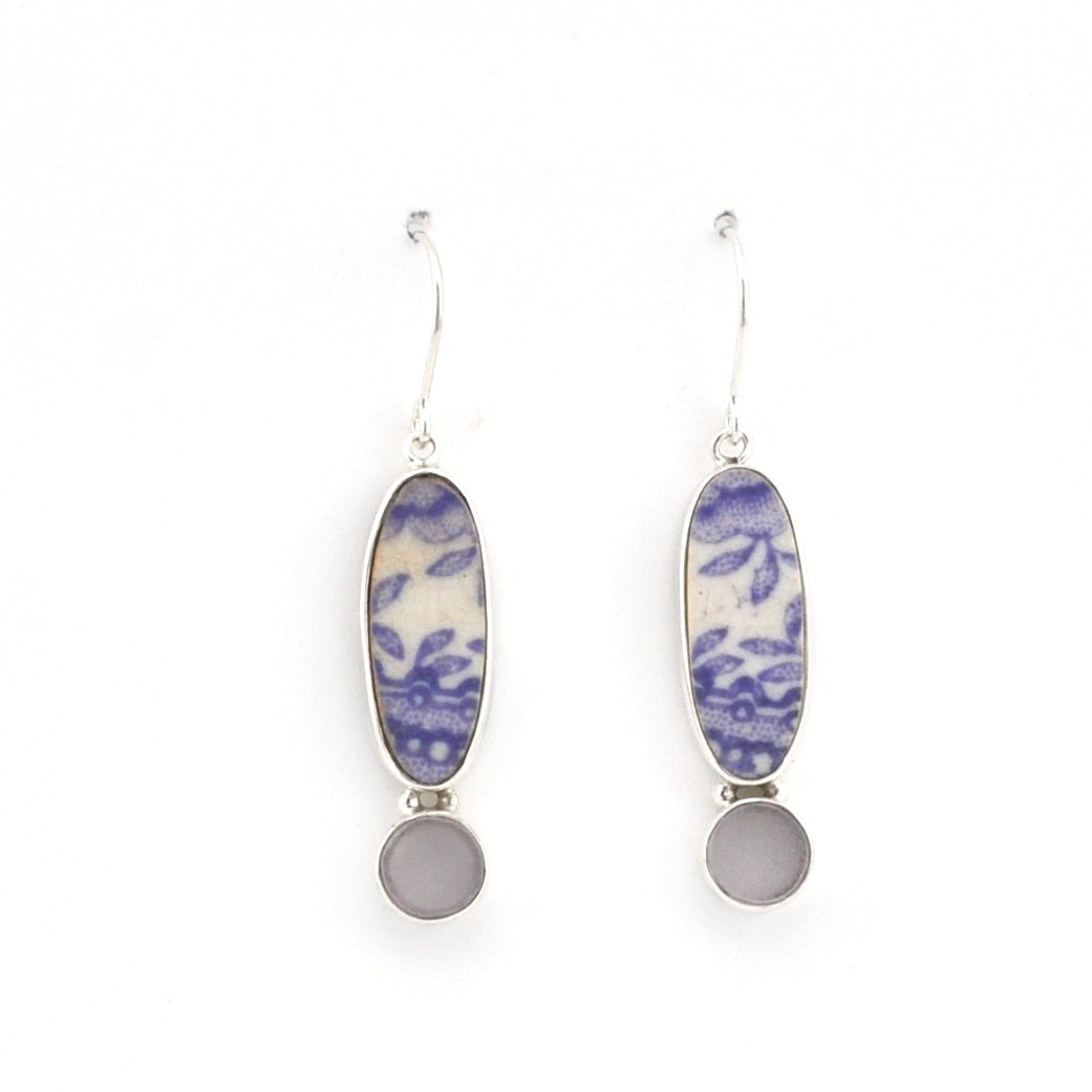 Handmade Silver Lavender Vintage Porcelain Sea Glass Earrings on white background