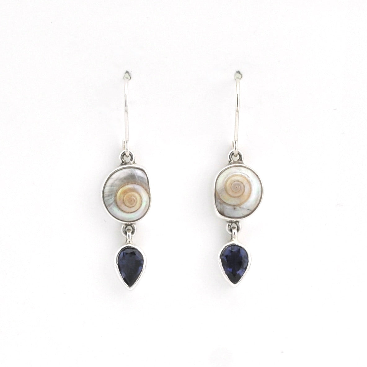 Pair of earrings with circular and teardrop-shaped stones on a white background