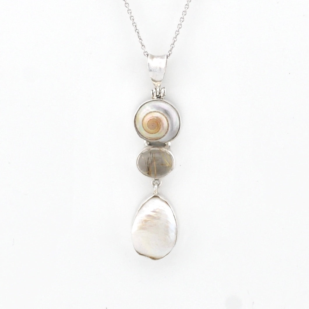Necklace with a pendant featuring stones on a white background