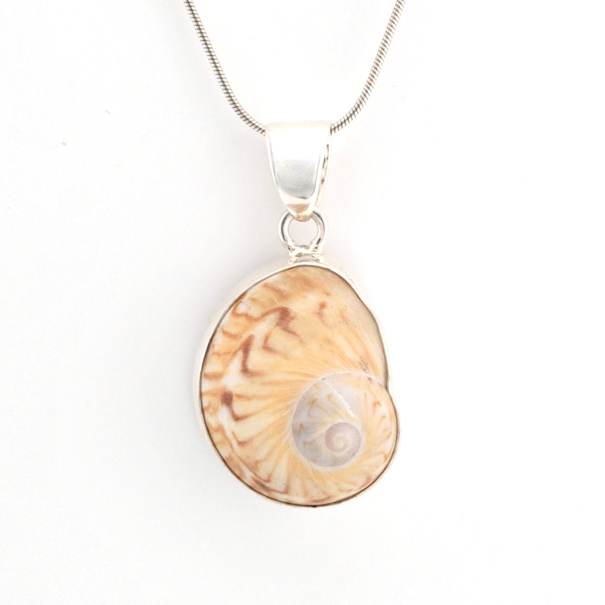 Shell pendant handmade with sterling silver on a white background