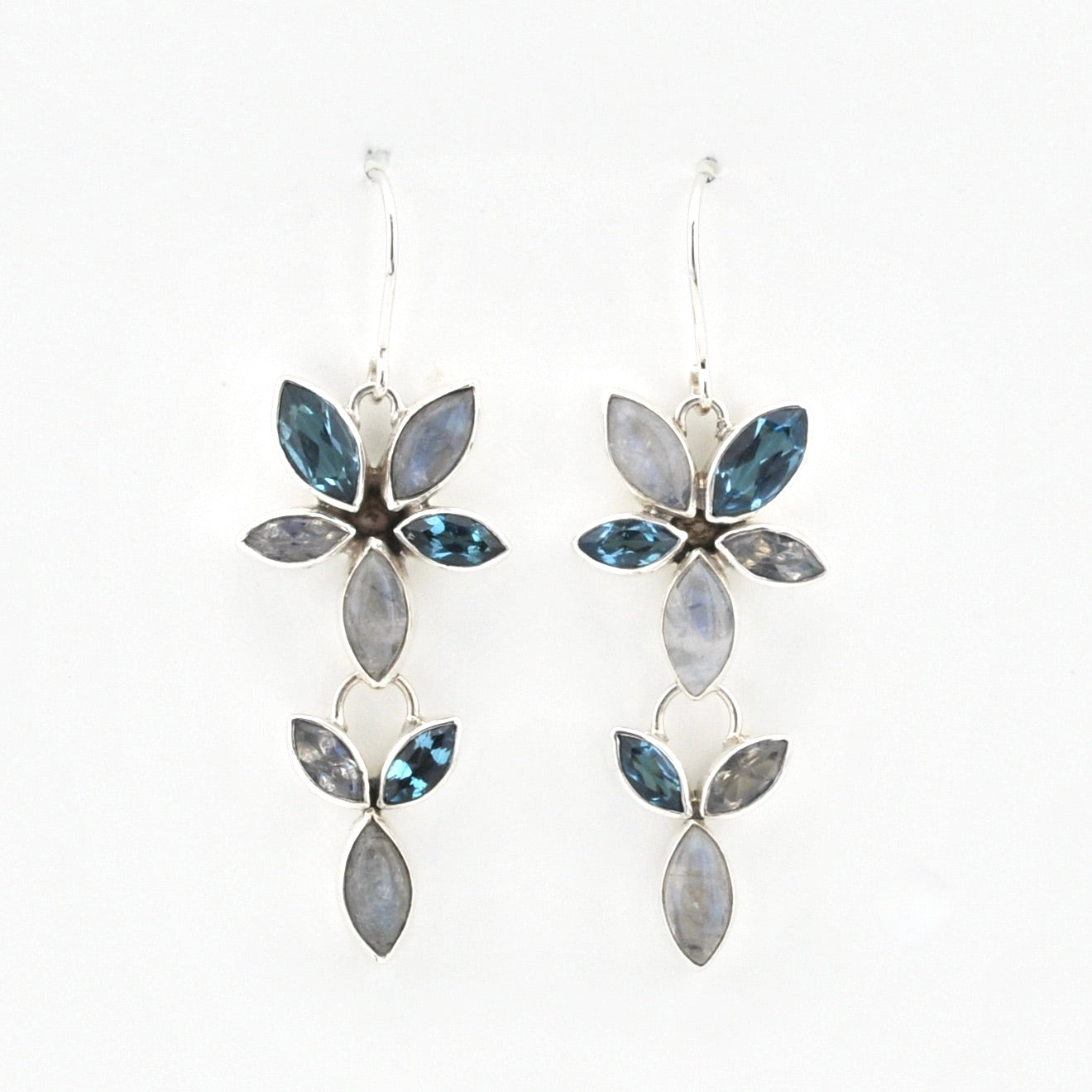 Silver Moonstone Blue Topaz Marquise Earrings on white background