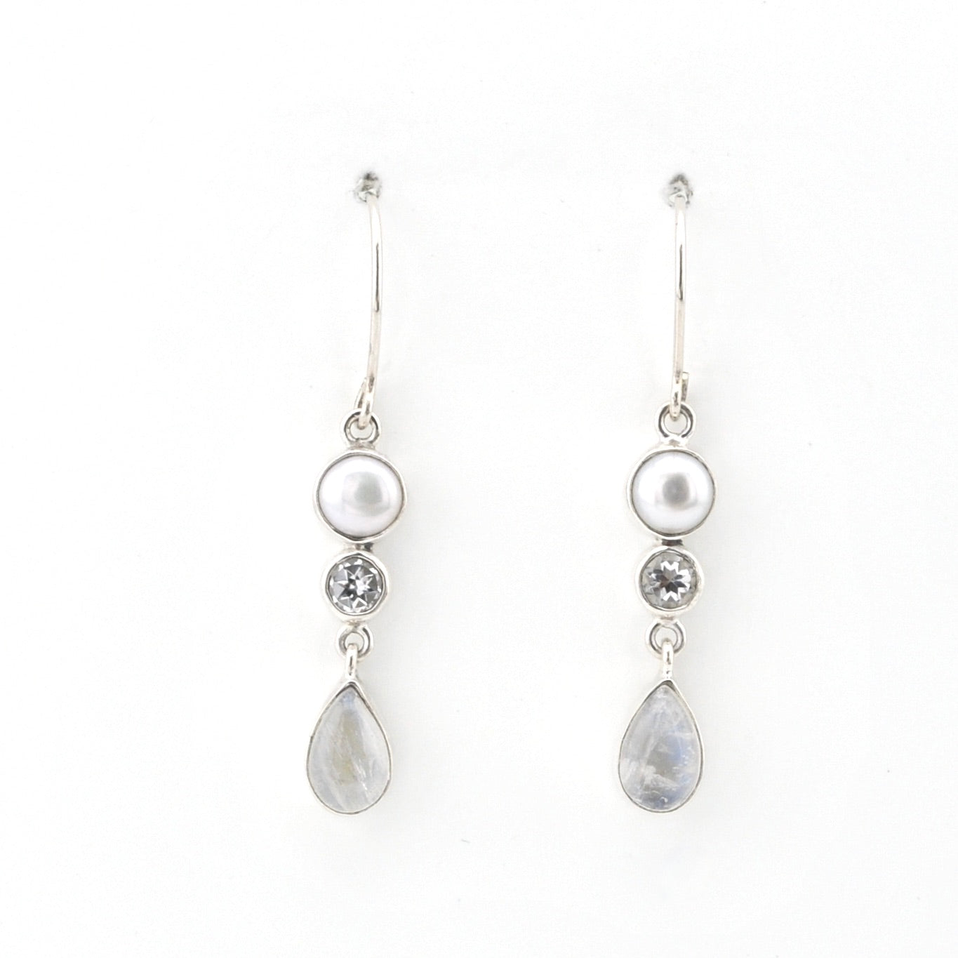 Silver Moonstone White Topaz Pearl Dangle Earring on white background