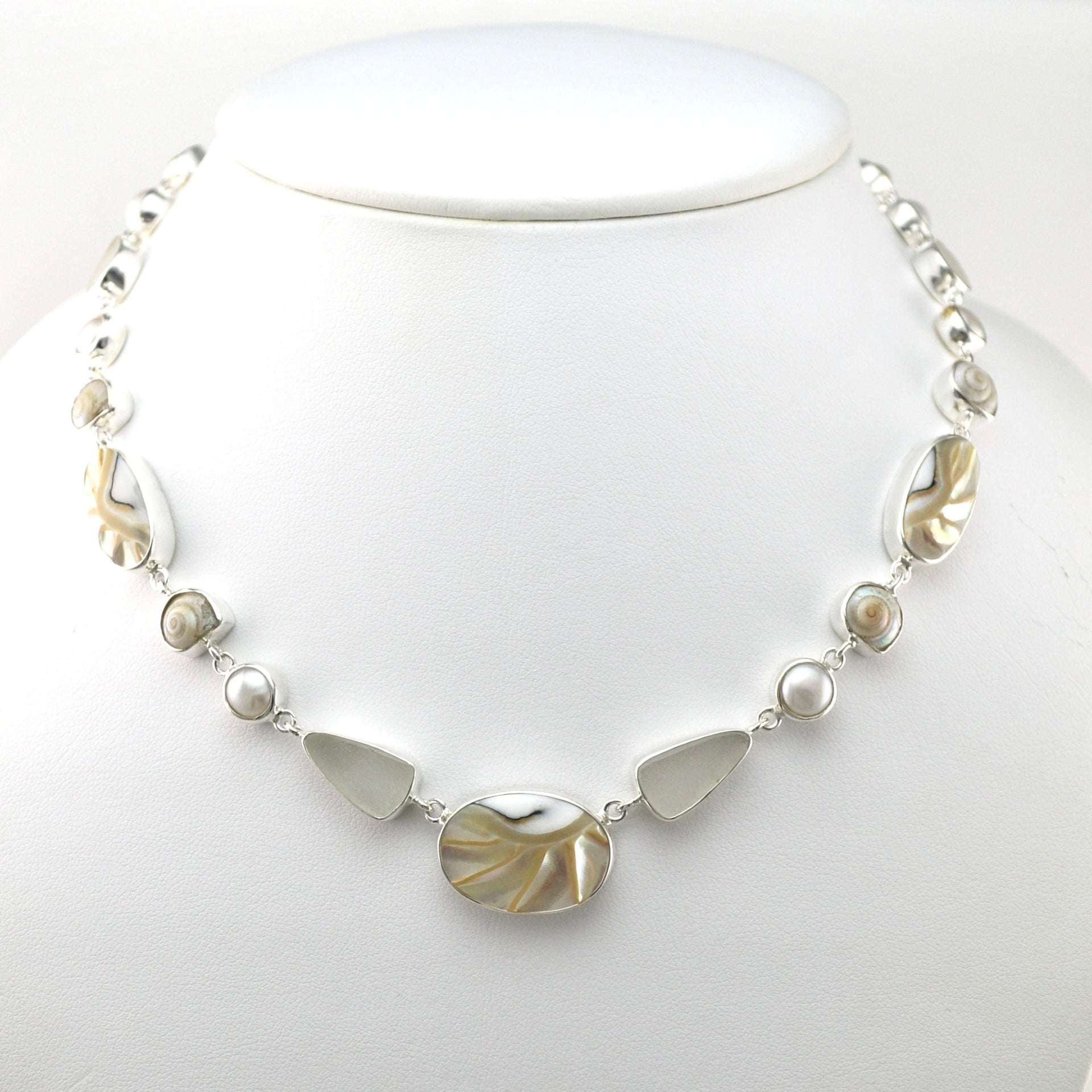 Front View Silver Nautilus Shell Sea Glass Pearl Necklace