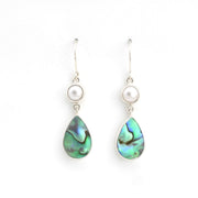 Teardrop-shaped earrings with abalone shell and pearl on a white background