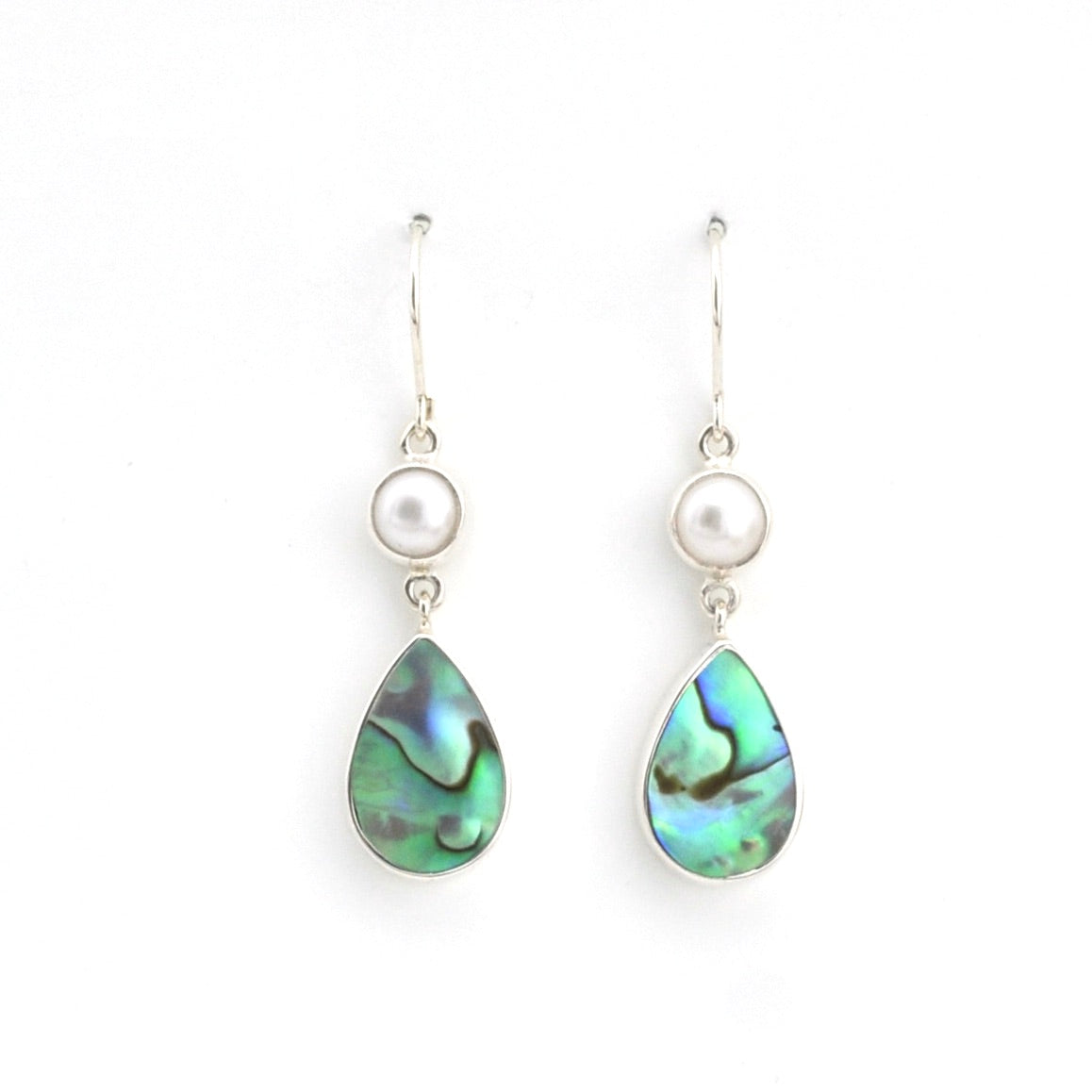Teardrop-shaped earrings with abalone shell and pearl on a white background