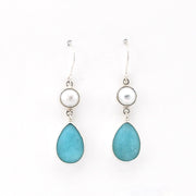 Silver Pearl Amazonite Tear Dangle Earrings on white background