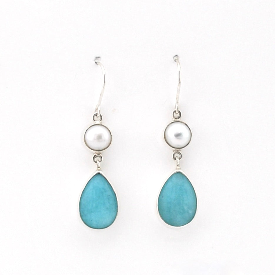 Silver Pearl Amazonite Tear Dangle Earrings on white background