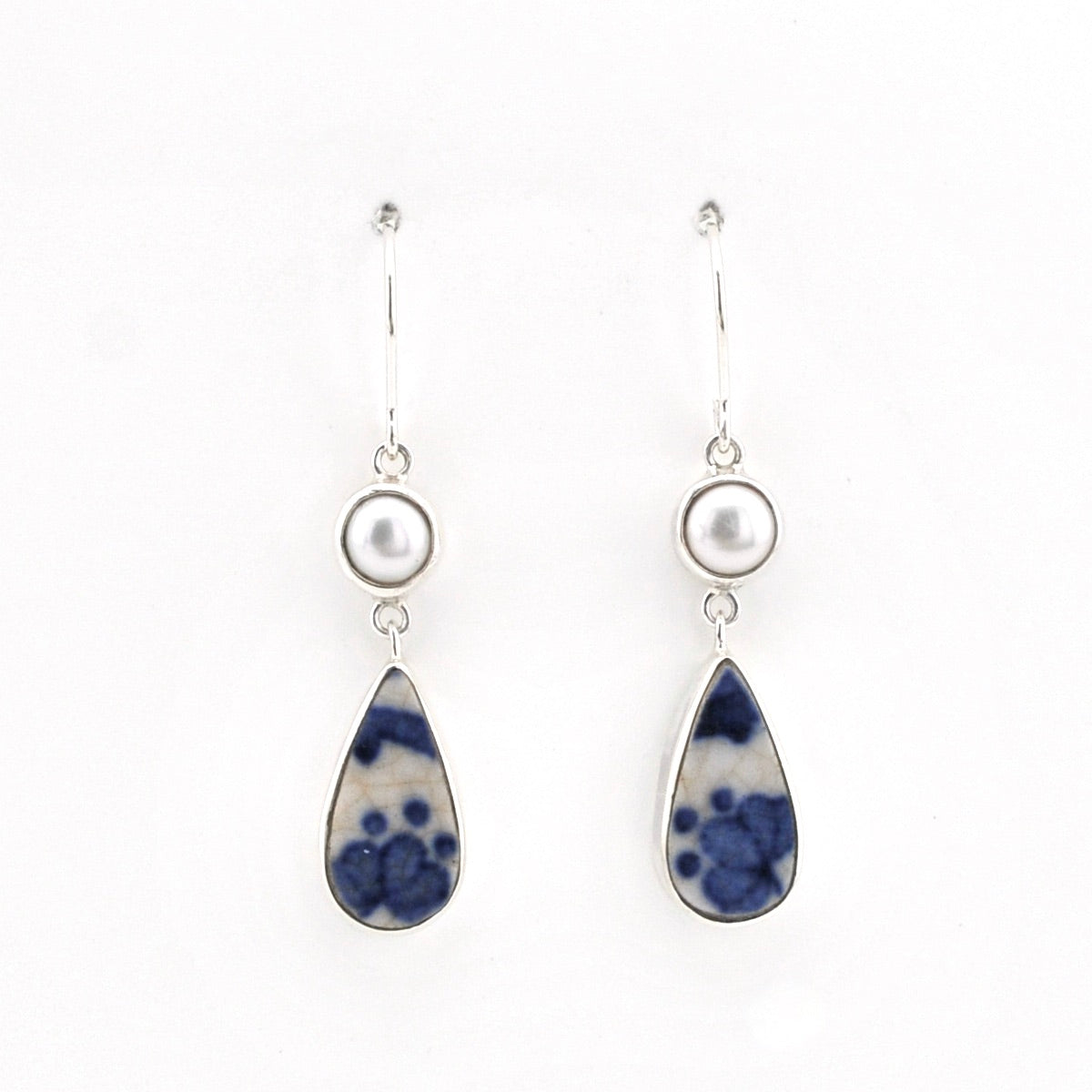 Silver Pearl Blue Vintage Porcelain Dangle Earrings on white background