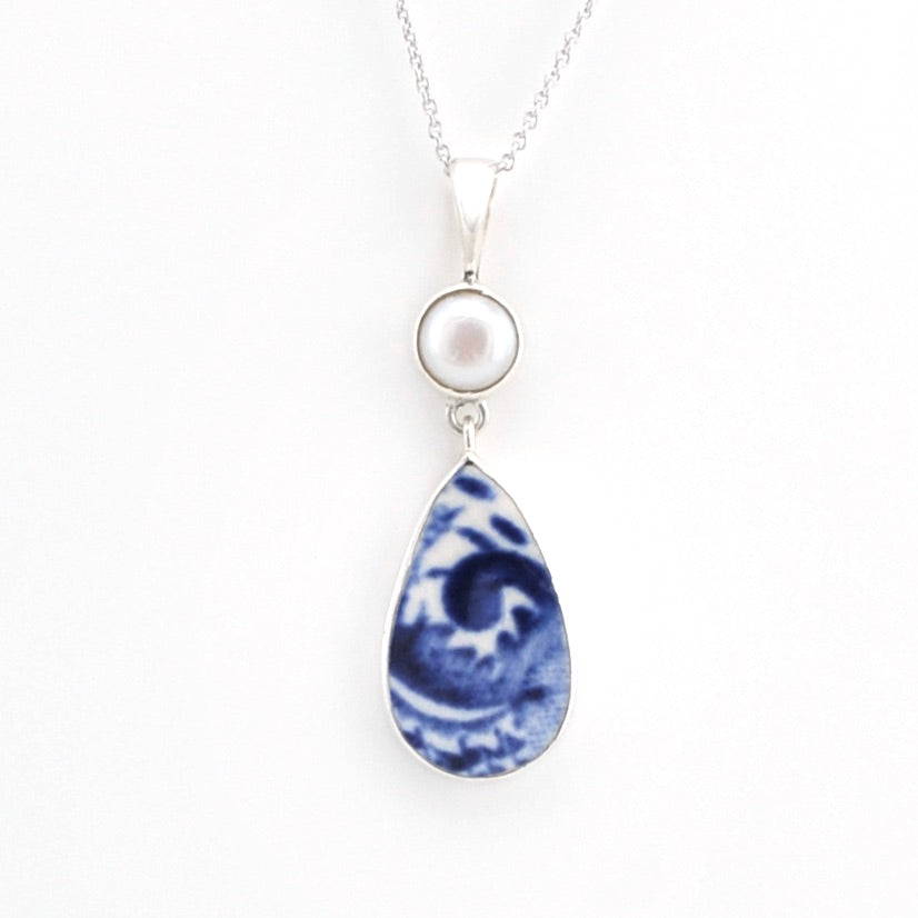 Silver Pearl Blue Vintage Porcelain Necklace on white background