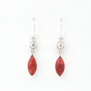 Silver Pearl Coral Marquise Earrings on white background