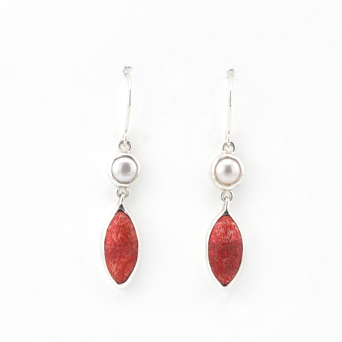 Silver Pearl Coral Marquise Earrings on white background