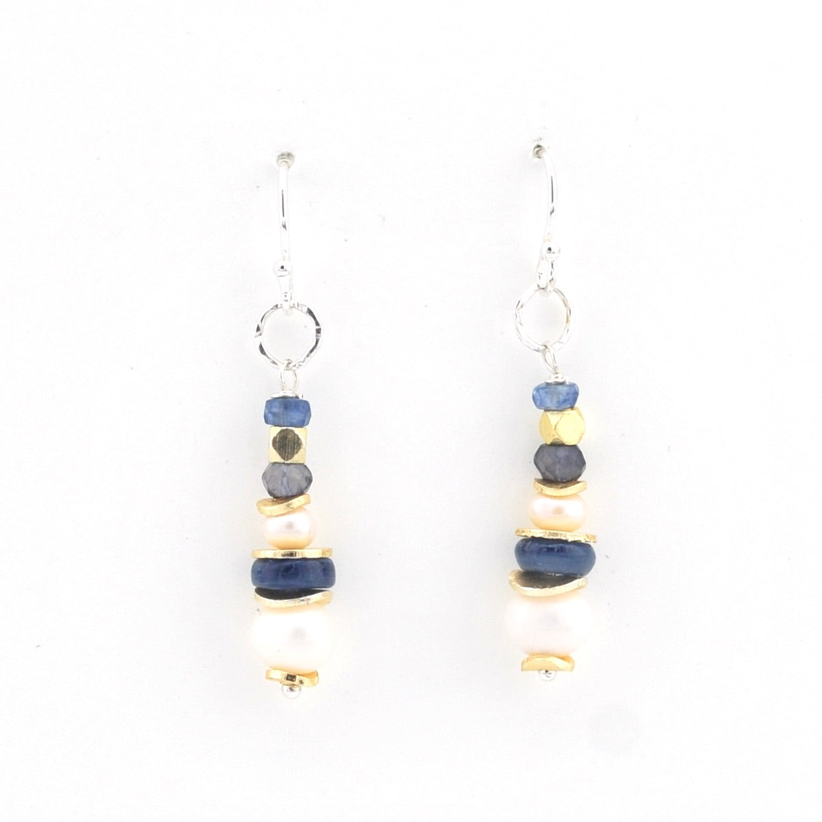 Front View Silver Pearl Kyanite Dangle Earrings