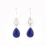 Silver Pearl Lapis Tear Dangle Earrings on white background