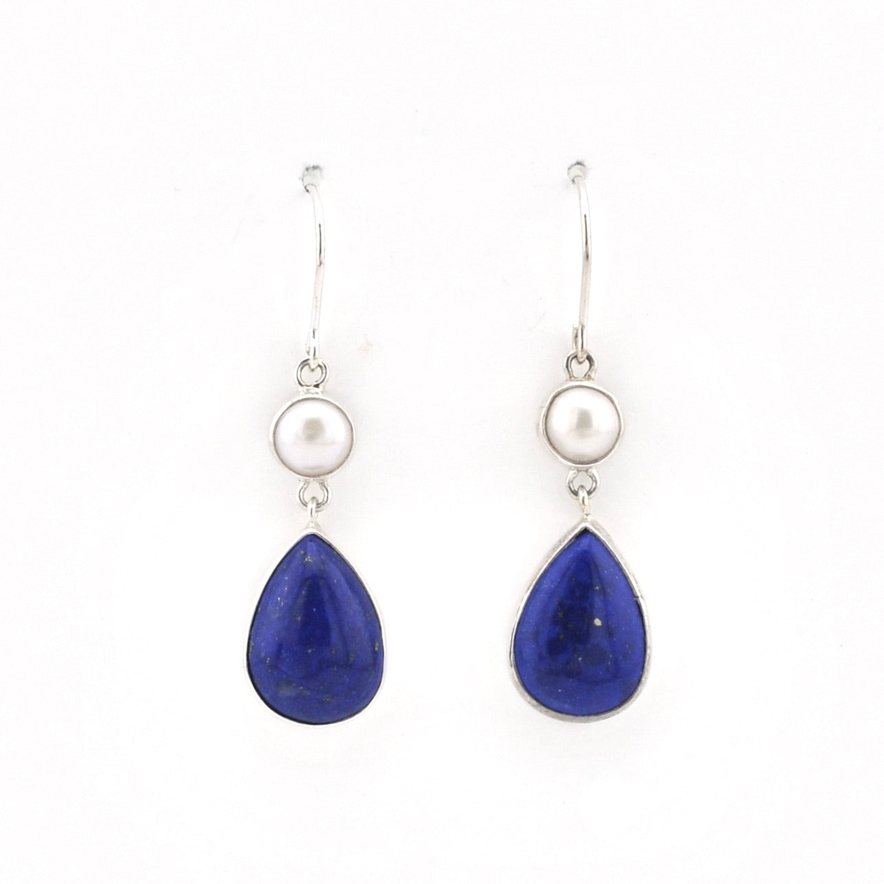 Silver Pearl Lapis Tear Dangle Earrings on white background