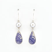 Silver Pearl Lavender Vintage Porcelain Dangle Earrings on white background