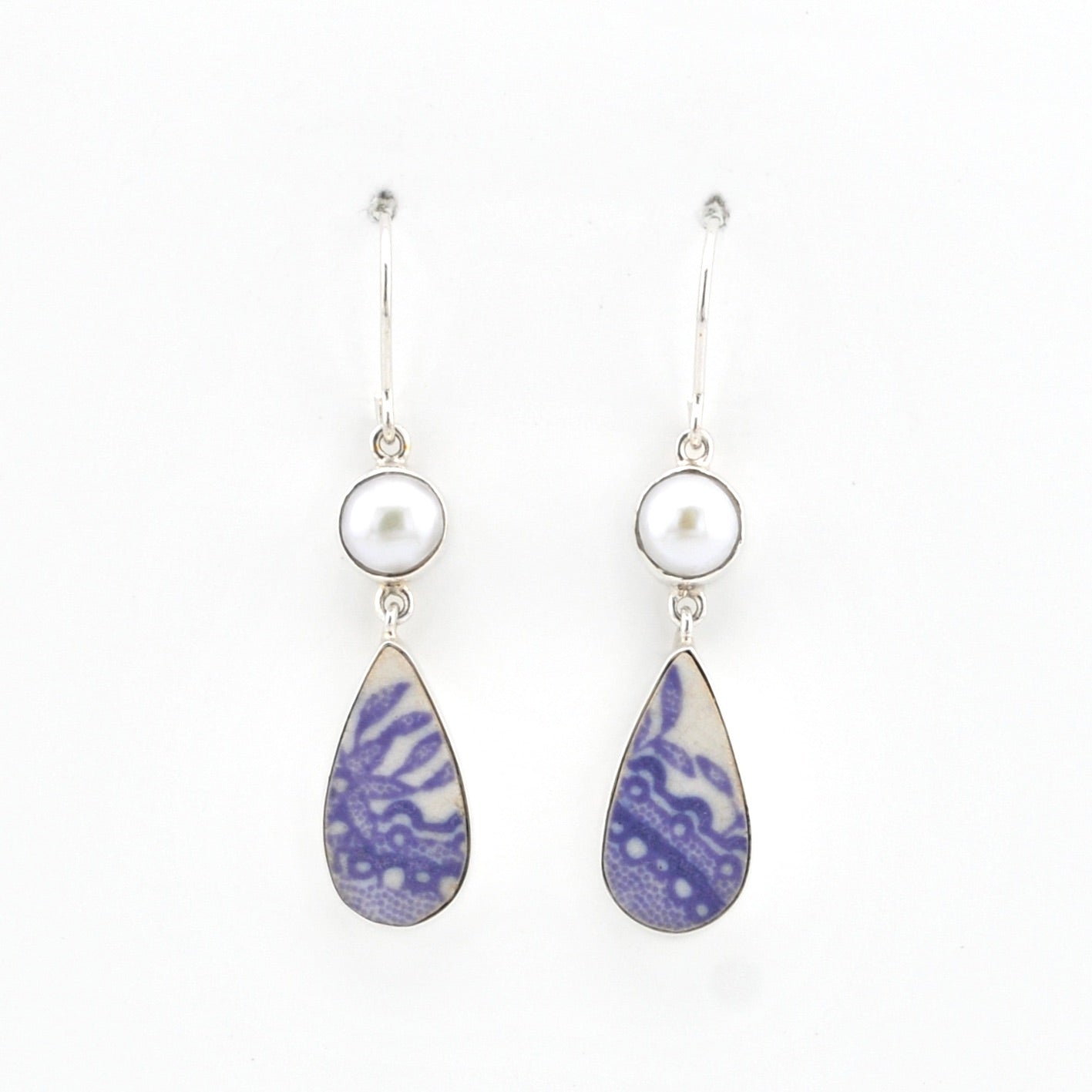 Silver Pearl Lavender Vintage Porcelain Dangle Earrings on white background