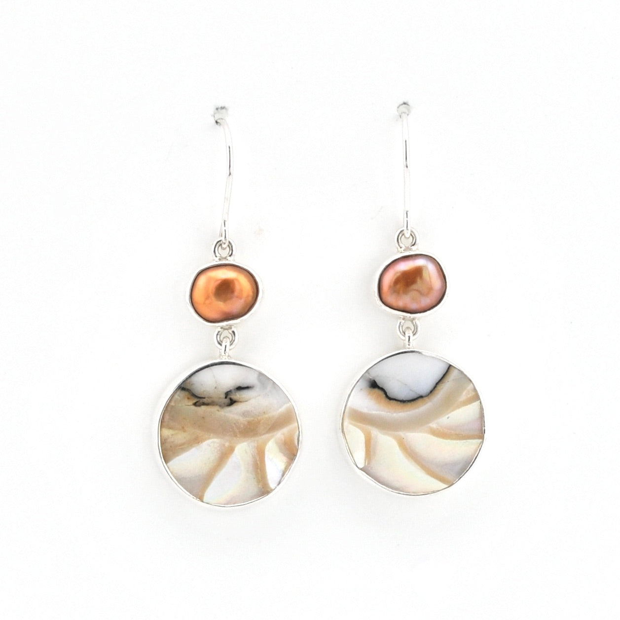 Silver Pearl Nautilus Shell Dangle Earrings on white background