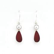 Silver Pearl Red Sea Glass Earrings on white background