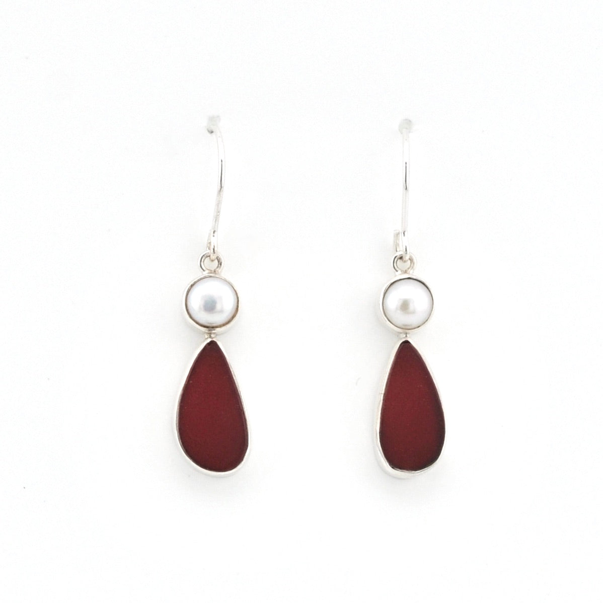 Silver Pearl Red Sea Glass Earrings on white background