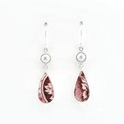 Silver Pearl Red Vintage Porcelain Dangle Earrings on white background