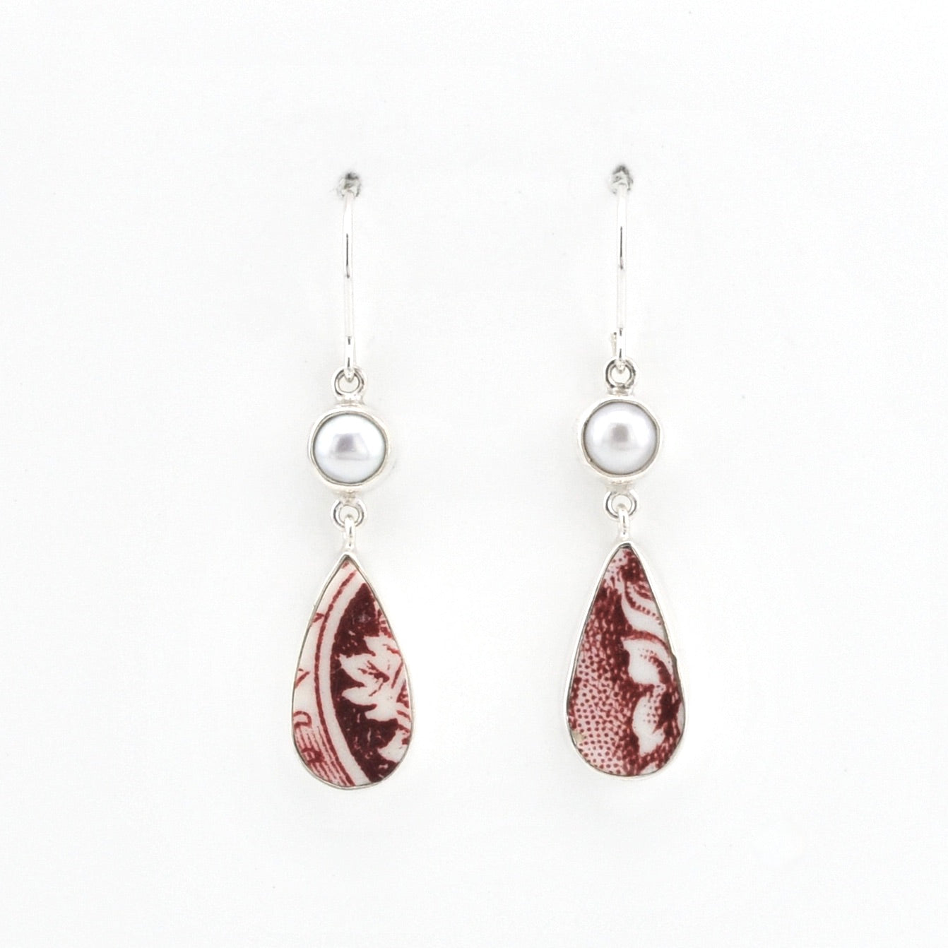 Silver Pearl Red Vintage Porcelain Dangle Earrings on white background