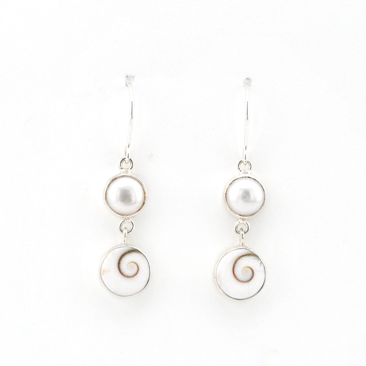 Silver Pearl Shiva Shell Earrings on white background