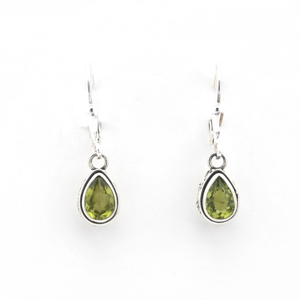 Front View Silver Peridot 5x7mm Tear Bali Earrings