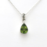 Front View Silver Peridot 7x10mm Tear Bali Necklace