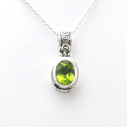 Front View Silver Peridot 7x9mm Oval Bali Scroll Necklace