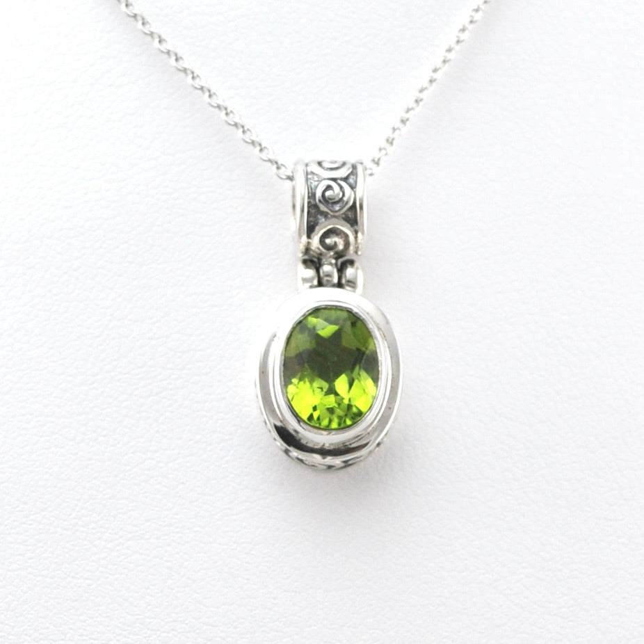 Front View Silver Peridot 7x9mm Oval Bali Scroll Necklace