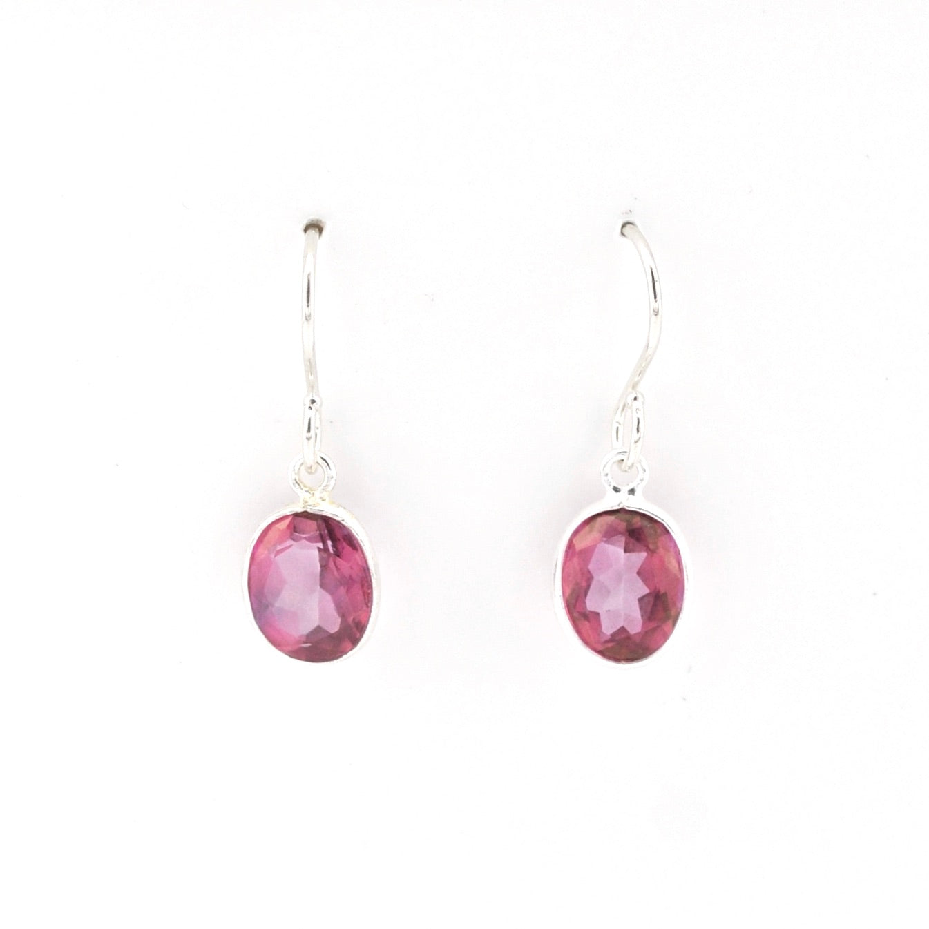 Front View Silver Pink Topaz Oval Bezel Dangles Earrings