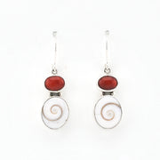 Silver Red Coral Shiva Shell Earrings on white background