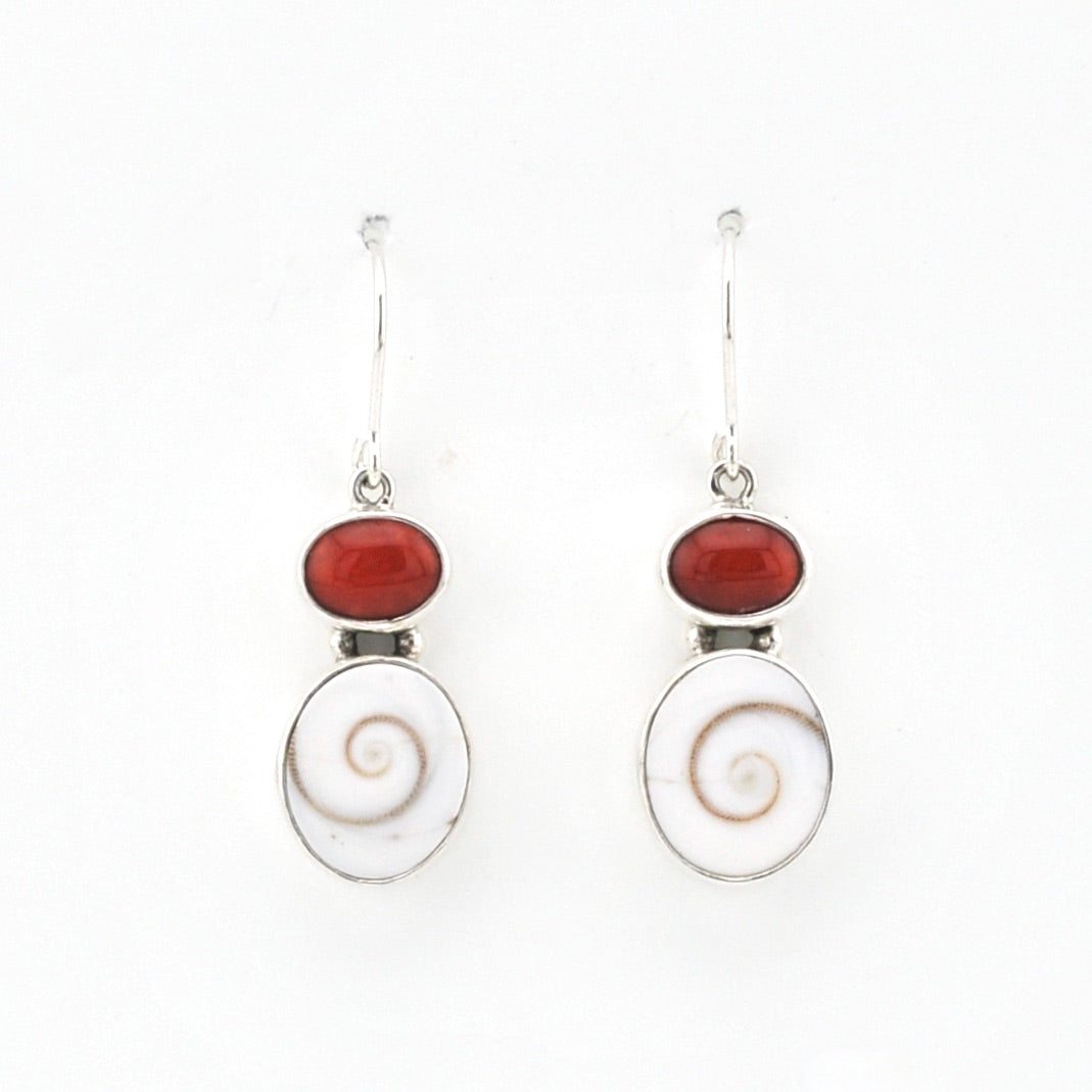 Silver Red Coral Shiva Shell Earrings on white background