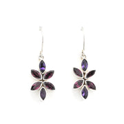 Silver Rhodolite Amethyst Small Flower Earrings on white background.