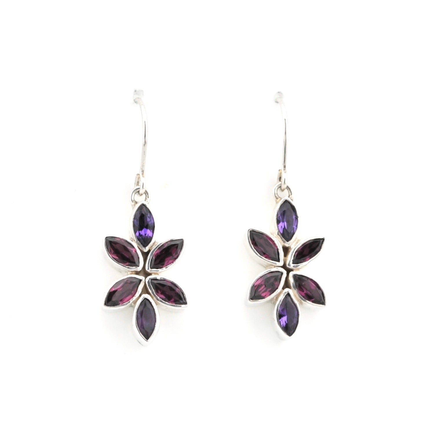 Silver Rhodolite Amethyst Small Flower Earrings on white background.