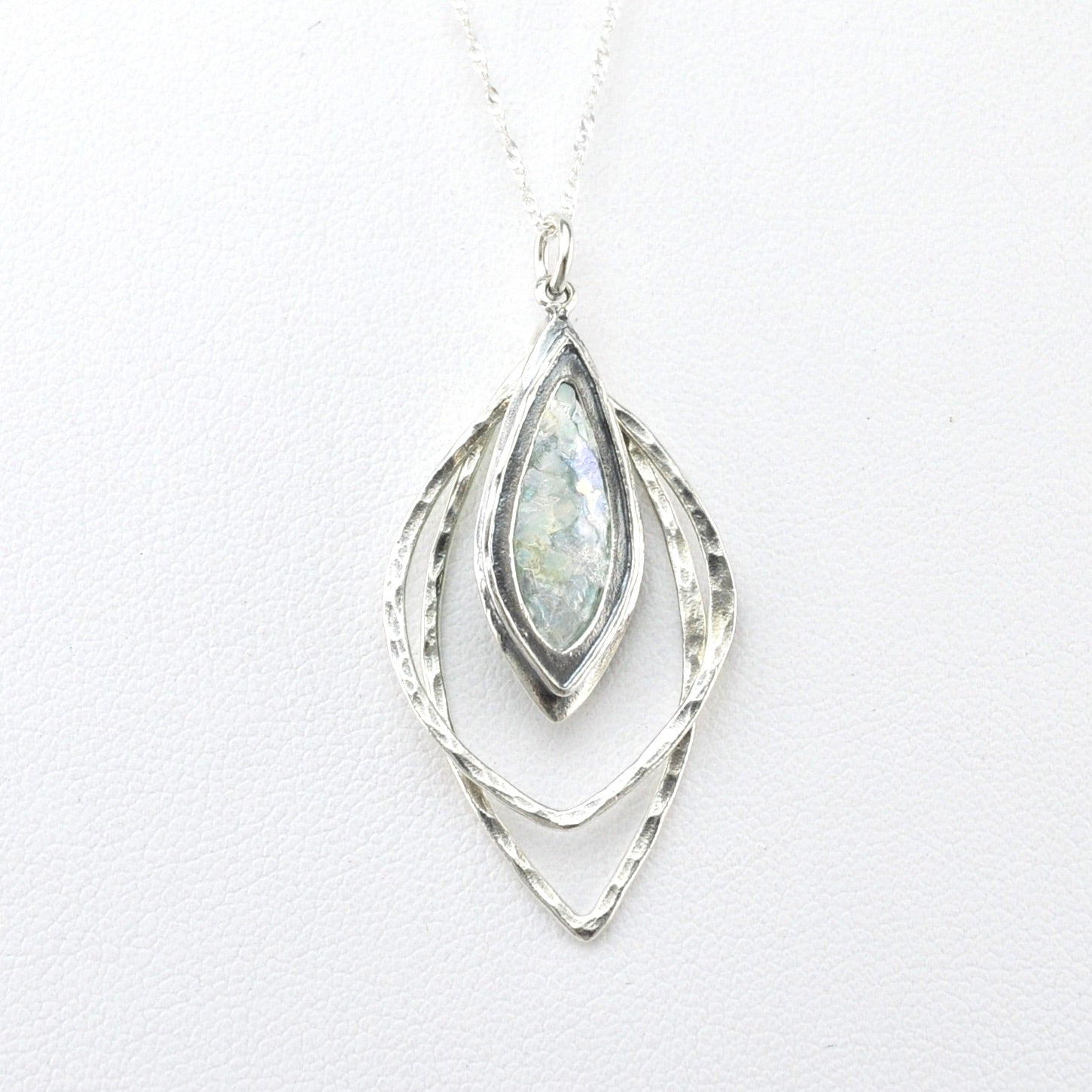 Front View Silver Roman Glass 3 Marquise Necklace