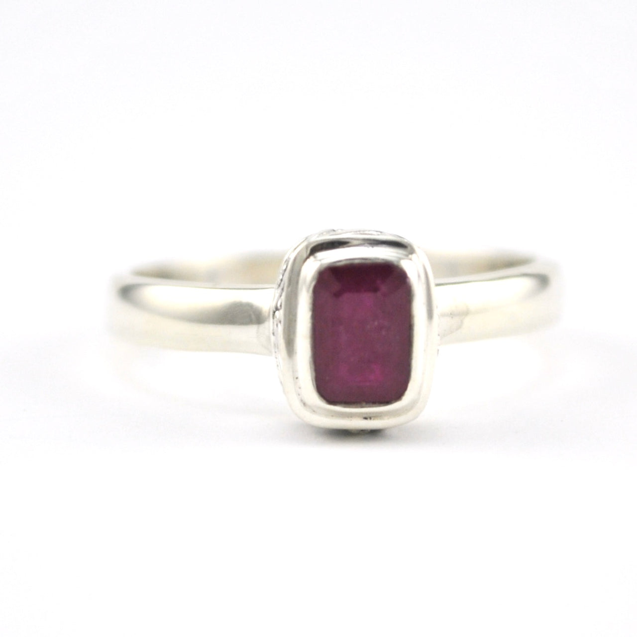 Front View Silver Ruby 4x6mm Rectangle Bali Ring