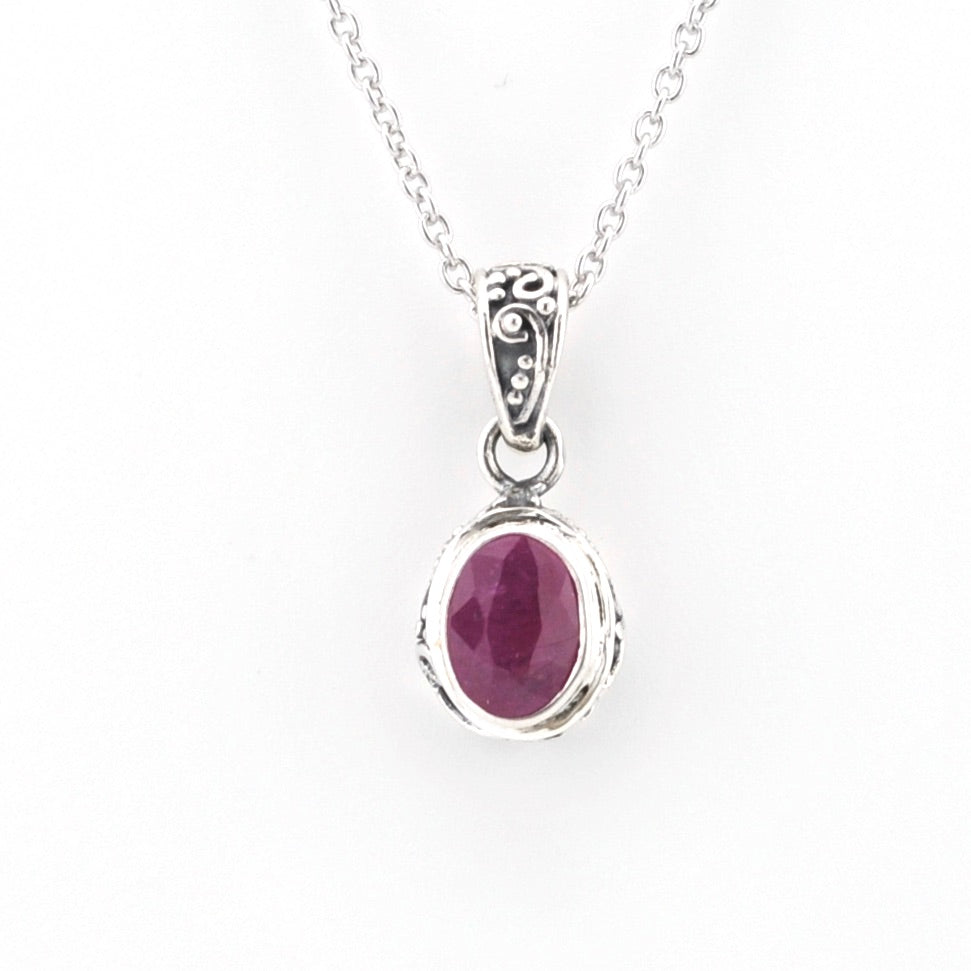Silver Ruby 5x7mm Oval Bali Necklace on white background